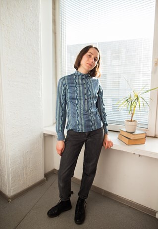 VINTAGE 70'S BLUE ROPE PRINT LONG SLEEVED TOP