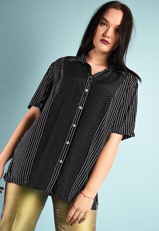 VINTAGE 80S RETRO STRIPED POLKA DOT PRINT MINIMAL BLOUSE TOP