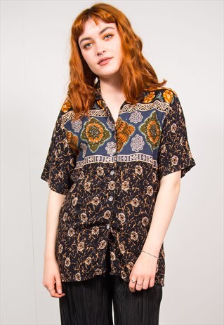 VINTAGE 90'S BROWN AZTEC PRINT SHORT SLEEVE BLOUSE SHIRT