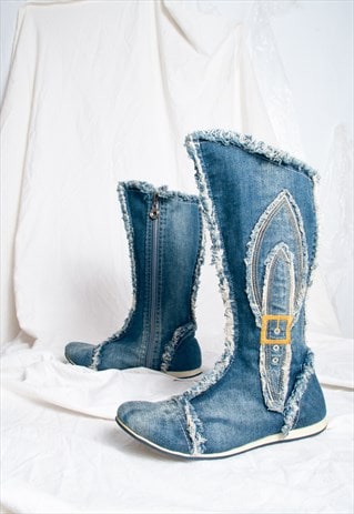 Vintage Y2K Denim Knee Boots in Blue