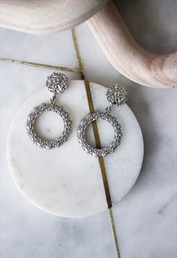 Silver Circle Drop Dangly Textured Cocktail Earrings