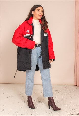 VINTAGE 90S ADIDAS LONG PADDED JACKET IN RED AND BLACK