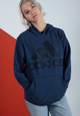 VINTAGE ADIDAS HOODIE WITH SPELL OUT LOGO IN BLUE