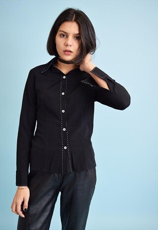 90'S RETRO GRUNGE CLASSY BLACK STITCHED SHIRT TOP BLOUSE