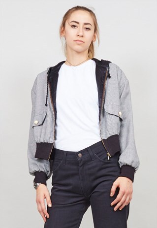 VINTAGE 90'S CROPPED HOODED HOUNDSTOOTH BOMBER JACKET