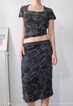 vintage grey floral print mesh skirt set