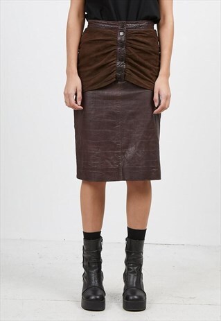 VINTAGE BROWN LEATHER MIDI PENCIL SKIRT