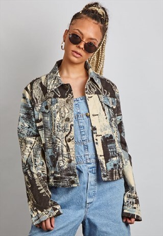 VINTAGE 90'S CAVALLI CITY MAP PRINT BLUE DENIM JACKET