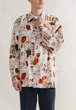 Vintage 80s Long Sleeve Brown Leaf Pattern Men Shirt XL