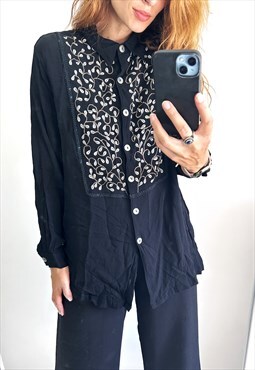90s Long Black Shirt With embroidery Flowers