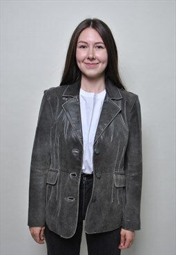 90's grunge leather jacket, vintage grey leather blazer 