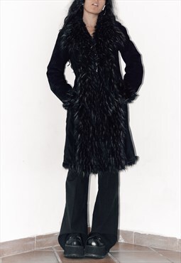 Vintage 90s Black Suede Leather Afghan coat