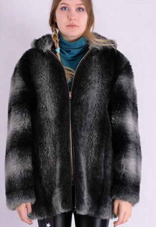 VINTAGE WARM COZY WOMEN'S FAUX FUR JACKET WTH HOOD