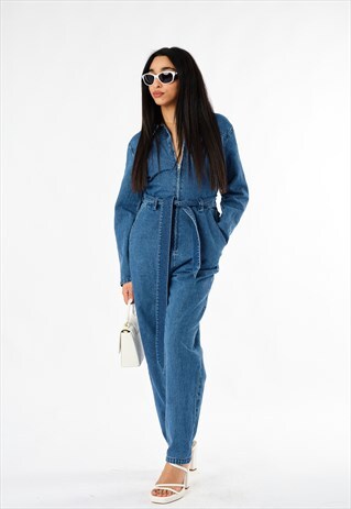 DARK WASH DENIM ZIP FRONT DARK WASH WORKER JUMPSUIT