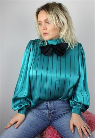 VINTAGE 1980'S GREEN STRIPE SATIN WIDE SLEEVE BOW BLOUSE 14