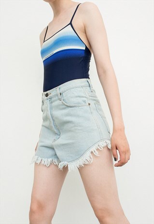 VINTAGE FRINGE SHORTS LIGHT BLUE DENIM MINI 80S CROP JEANS
