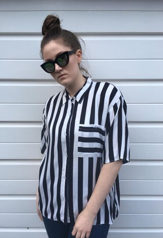 WOMENS VINTAGE 80S 90S BLOUSE BLACK WHITE STRIPY SHIRT TOP
