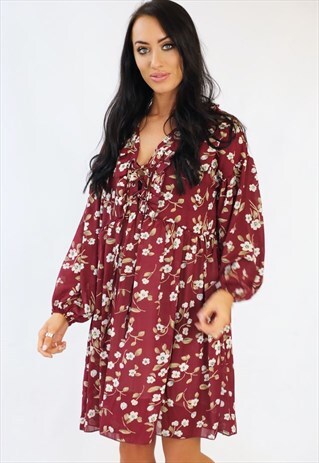 BURGUNDY FLORAL SUMMER SWING DRESS