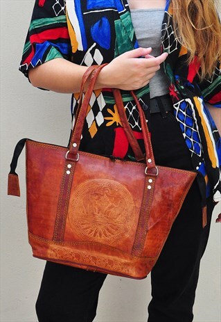 VINTAGE EMBOSSED ETHNIC INDIAN ELEPHANT BROWN LEATHER TOTE