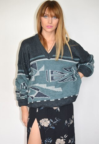 VINTAGE 90S OVERSIZED TEAL GREEN SLOUCHY KNITTED JUMPER