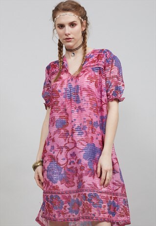 PINK AND NAVY 70'S FLORAL INDIAN BOHO DRESS