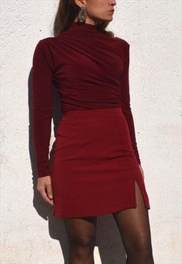 Cherry red high waist stretch mini skirt,with a slit