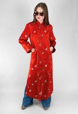 70's Vintage Red Satin Floral Long Sleeve Ladies Coat Jacket