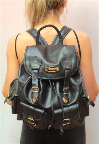 1980S VINTAGE JET BLACK WITH GOLD REAL LEATHER BACKPACK