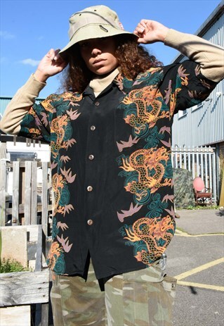 BEAUTIFUL VINTAGE HAWAIIAN DRAGON PRINT PURE SILK SHIRT