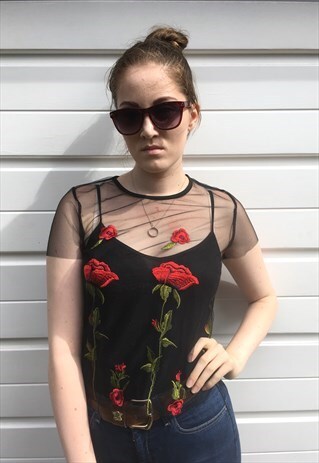 WOMENS SHEER MESH TOP SHORT SLEEVE EMBROIDERED FLORAL TSHIRT