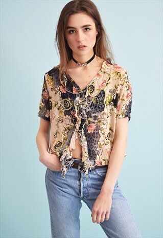 90'S RETRO BIBA FLORAL PRINT KITSCH SHEER TEEN TOP BLOUSE