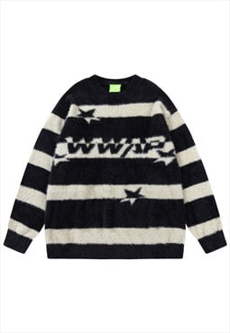 Fluffy sweater stripe print jumper knitted retro fuzzy top 