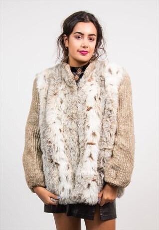 VINTAGE 90'S BEIGE FAUX FUR KNIT MIX JACKET COAT