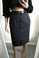 Navy Solid Classic Belted Pencil Skirt 