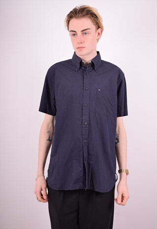 TOMMY HILFIGER MENS VINTAGE SHIRT MEDIUM NAVY BLUE 90'S