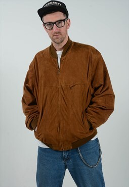 Vintage Suede Jacket Bomber Brown Unisex Size XL