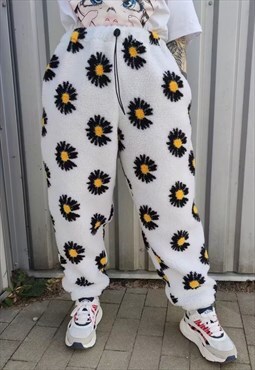 Daisy fleece joggers handmade sunflower beam overalls white