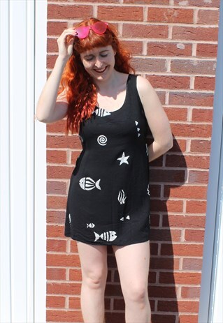 VINTAGE 80S BLACK & WHITE A-LINE MINI DRESS WITH FISH PRINT
