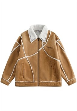 Waxed faux leather bomber Sherpa jacket fleece coat brown