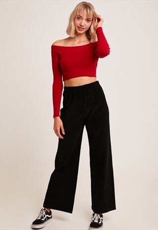 CORDUROY PALAZZO TROUSERS - BLACK
