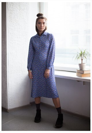 VINTAGE 60'S MIDI BLUE PATTERNED LONG SLEEVES DRESS