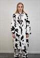 COW PRINT COAT FAUX FUR SPOT PATTERN TRENCH ANIMAL OVERCOAT