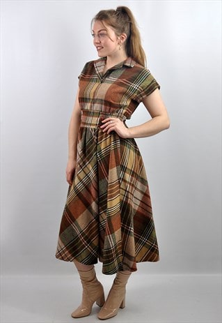 VINTAGE 70S CHECK WOOL MIX MIDI DRESS