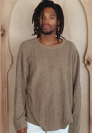 90S MINIMALIST LUXURY BROWN TEXTURED LINEN BLEND JUMPER XL