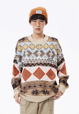 Geometric pattern sweater color block knitwear jumper cream