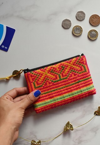 CROSS STITCH ORANGE GREEN WALLET CARD HOLDER WITH COIN CHARM