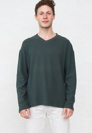 VINTAGE GREEN POLO RALPH LAUREN KNIT V-NECK TOP