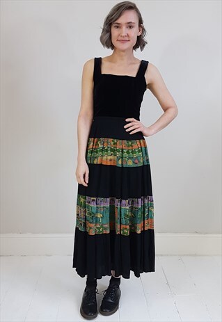 VINTAGE 90'S BLACK PRINT GAUZE BOHEMIAN MAXI SKIRT