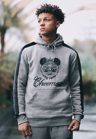 SMOKE GREY PRINT VELOUR STRIPE HOODIE
