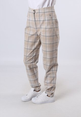 HIGH WAISTED TROUSERS CHECKED TARTAN WIDE TAPERED UK 12 GO4D